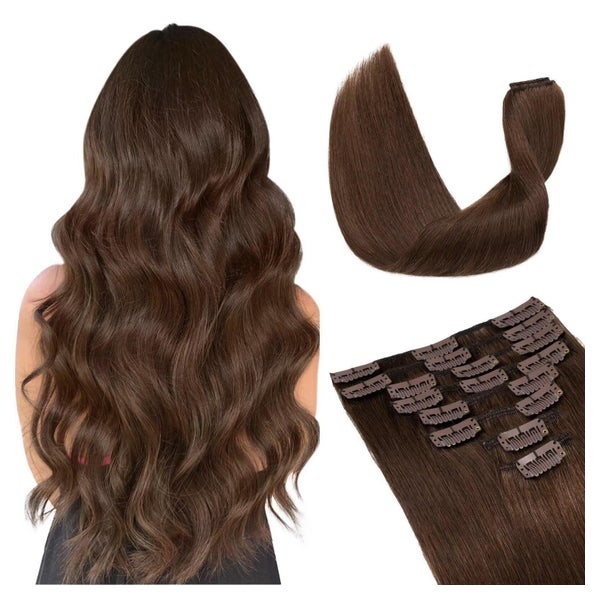 TESS Clip in Extensions Echthaar, 8 Tressen, 50g, 25 cm, Braun