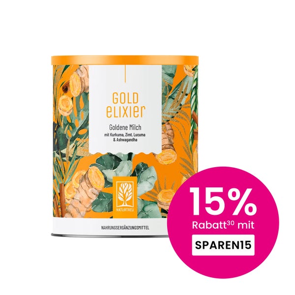 Goldene Milch mit Kurkuma, Zimt, Lucuma & Ashwagandha - GOLDELIXIER - Getränkepulver 30 Portionen - NATURTREU® 300 g