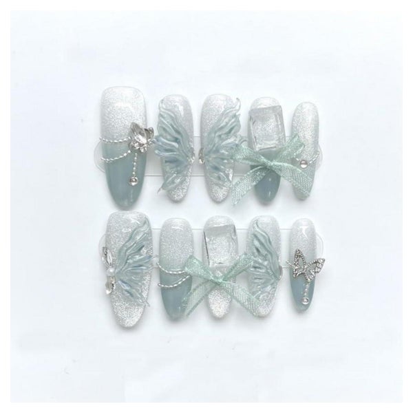 Press On Nägel Long Almond 3D Schmetterling Strass Bling 302 1 St