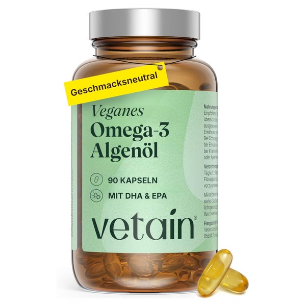 VETAIN Omega 3 Vegan Kapseln - Aus Algenöl - Mit DHA + EPA 90 St