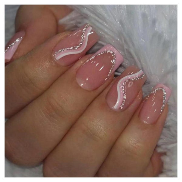 Nägel 24 Stück Glitzer Swirl Sarg Aufkleben Lang pink&amp;sw 1 St