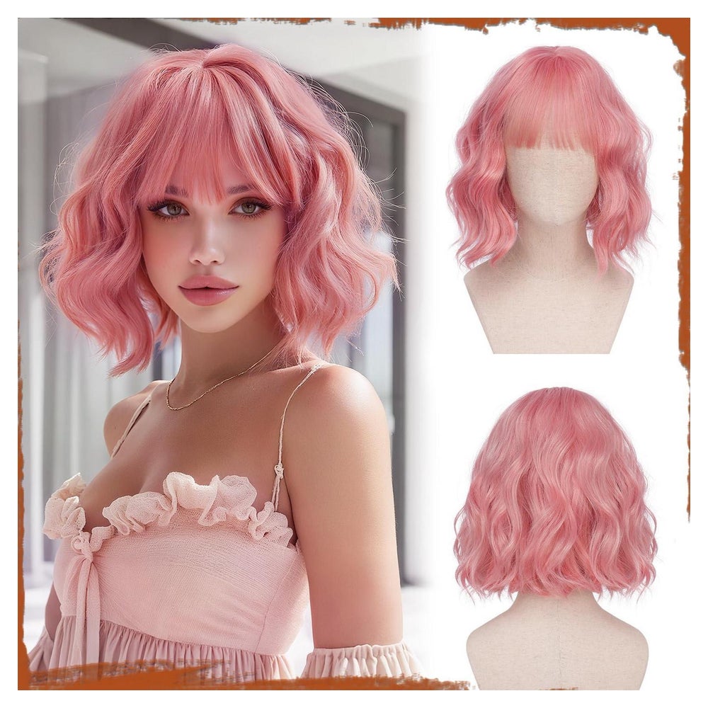 Perücke Bob Pony Kurze Rosa Synthetisch Damen 30cm Zuckerwat 1 St