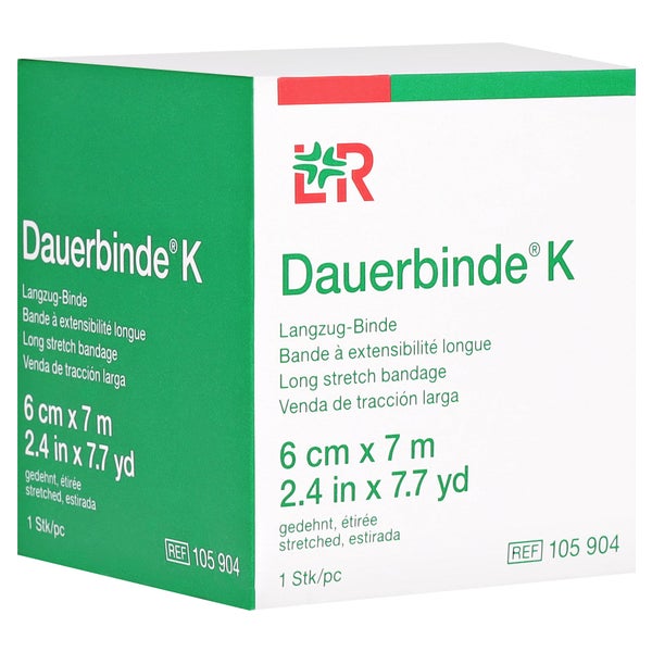 Lohmann & Rauscher Dauerbinde K Langzugbinde, 7 m, hautfreundlich, luftdurchlässig - 1 Packung = 1 Stück, einzeln in Faltschachtel, Maße: 6 cm x 7 m 1 St
