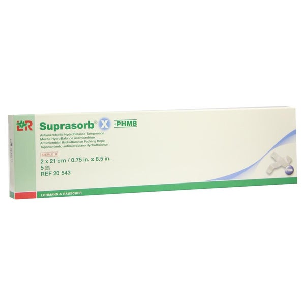 Lohmann & Rauscher Suprasorb X + PHMB HydroBalance Wundverband, steril, antimikrobiell - 1 Packung = 5 Tamponaden, Maße: 2 x 21 cm 5 St