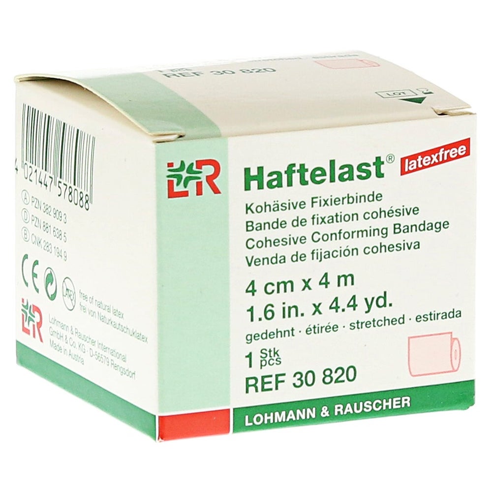 Lohmann & Rauscher Haftelast Fixierbinde, latexfrei, cremefarben, selbsthaftend - 1 Stück, einzeln in Faltschachtel, Maße: 4 cm x 4 m 1 St