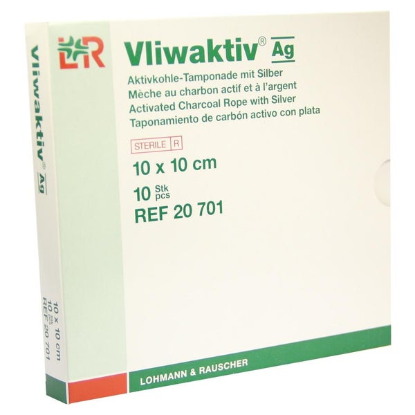 Lohmann & Rauscher Vliwaktiv Ag Aktivkohle-Wundtamponade, steril, silberhaltig - 1 Packung = 10 Stück, Maße: 10 x 10 cm 10 St