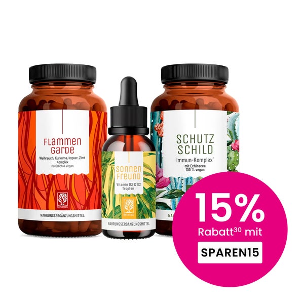 Immunsystem-Paket: Kurkuma + Weihrauch, Vitamin D3 + K2, Echinacea + Vitamin C in einem veganen Bundle - FLAMMENGARDE, SONNENFREUND & SCHUTZSCHILD - NATURTREU® 145.1 g