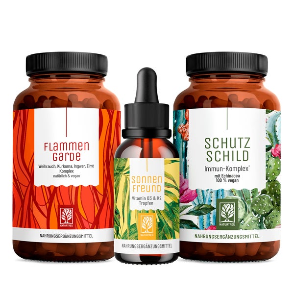 Immunsystem-Paket: Kurkuma + Weihrauch, Vitamin D3 + K2, Echinacea + Vitamin C in einem veganen Bundle - FLAMMENGARDE, SONNENFREUND & SCHUTZSCHILD - NATURTREU® g