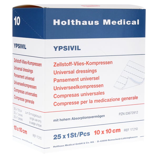 Holthaus Medical YPSIVIL Zellstoff-Vlies-Kompresse, steril - 1 Packung = 25 Stück, Maße: 10 x 10 cm 25X1 St