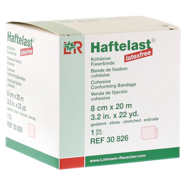 Lohmann & Rauscher Haftelast Fixierbinde, latexfrei, cremefarben, selbsthaftend - 1 Stück, einzeln in Faltschachtel, Maße: 8 cm x 20 m 1 St