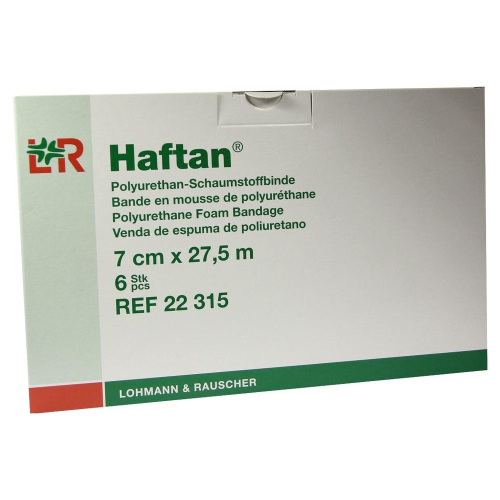 Lohmann & Rauscher Haftan Schaumstoffbinde, weiß, selbsthaftend und dünn - 1 Packung = 6 Stück, Maße: 7 cm x 27,5 m 6 St