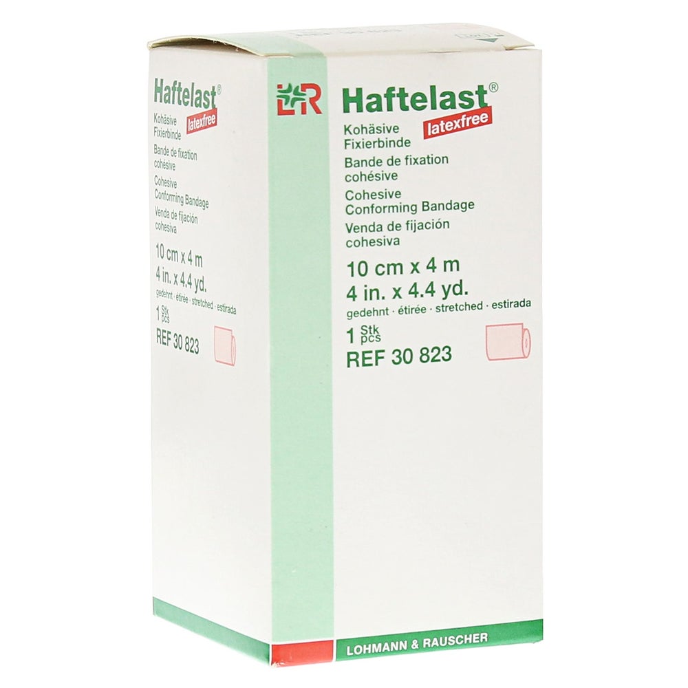Lohmann & Rauscher Haftelast Fixierbinde, latexfrei, cremefarben, selbsthaftend - 1 Stück, einzeln in Faltschachtel, Maße: 10 cm x 4 m 1 St