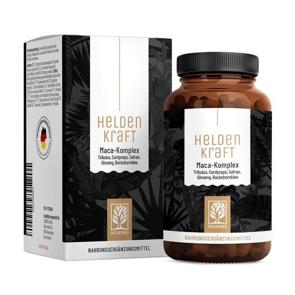 Maca Komplex mit Tribulus, Cordyceps, Giseng, Safran & Bockshornklee - HELDENKRAFT - 90 vegane Kapseln - NATURTREU® 90 St