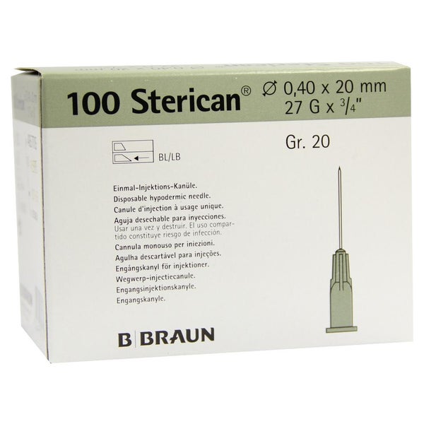 B. Braun Sterican Standardkanülen 100 Stück (Gr. 20, G 27 x ¾" / Ø 0,40 x 20 mm, grau) 100 St
