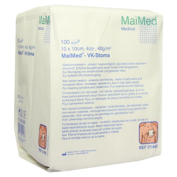 MaiMed VK Stoma Vlieskompressen 10 x 10 cm, 4-fach, 40 g/m², unsteril 100 St