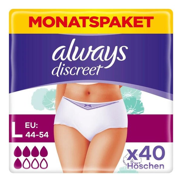 Always Discreet Inkontinenz-Höschen Normal, Größe L, 40 Höschen (4 Packungen x 10 Stück) Monatspaket bei Blasenschwäche 40 St