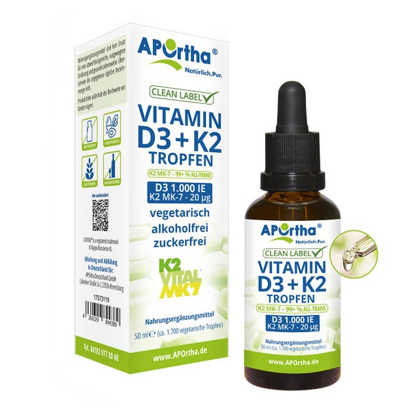 APOrtha® Vitamin D3 1.000 IE + Vitamin K2VITAL® 20 µg pro Tropfen - vegetarische Tropfen 50 ml