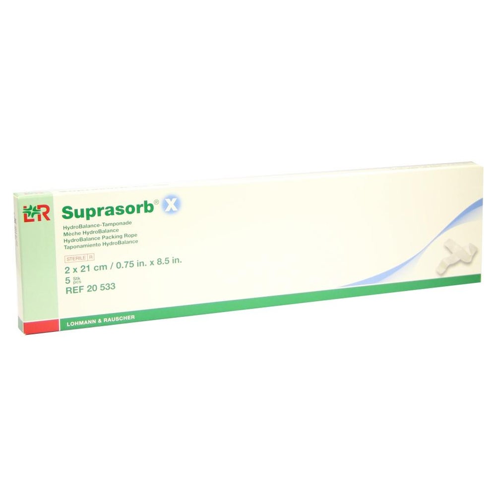 Lohmann & Rauscher Suprasorb X HydroBalance Wundverband, steril, feuchtigkeitsregulierend - 1 Packung = 5 Tamponaden, Maße: 2 x 21 cm 5 St
