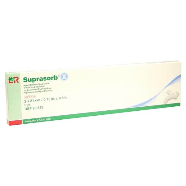 Lohmann & Rauscher Suprasorb X HydroBalance Wundverband, steril, feuchtigkeitsregulierend - 1 Packung = 5 Tamponaden, Maße: 2 x 21 cm 5 St