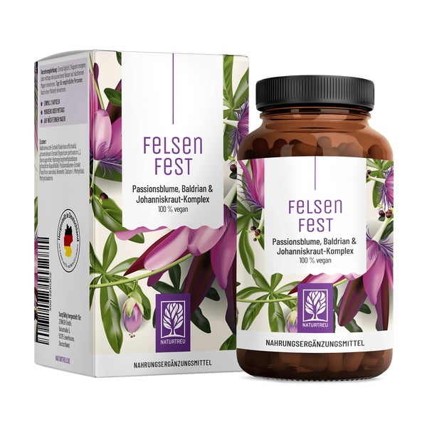 Johanniskraut Baldrian Passionsblume Komplex mit Folsäure (Folat) & Vitamin B12 - FELSENFEST - 90 vegane Kapseln - NATURTREU® 90 St