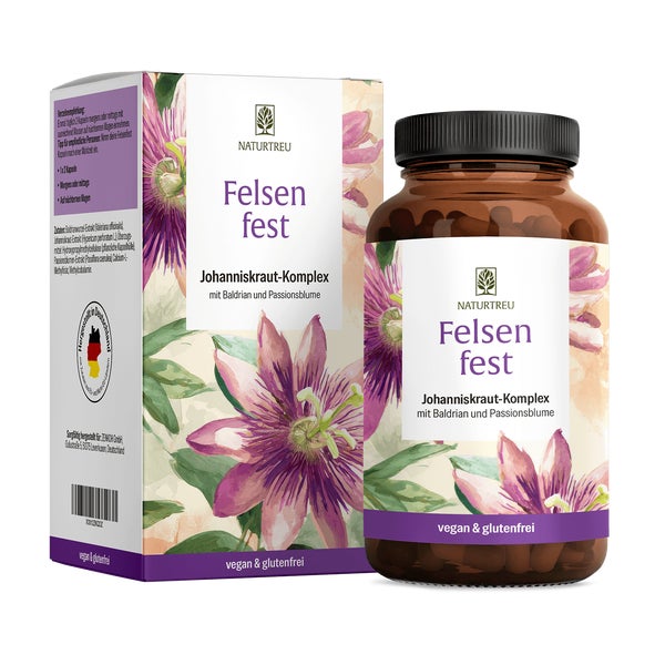 Johanniskraut Baldrian Passionsblume Komplex mit Folsäure (Folat) & Vitamin B12 - FELSENFEST - 90 vegane Kapseln - NATURTREU® 90 St