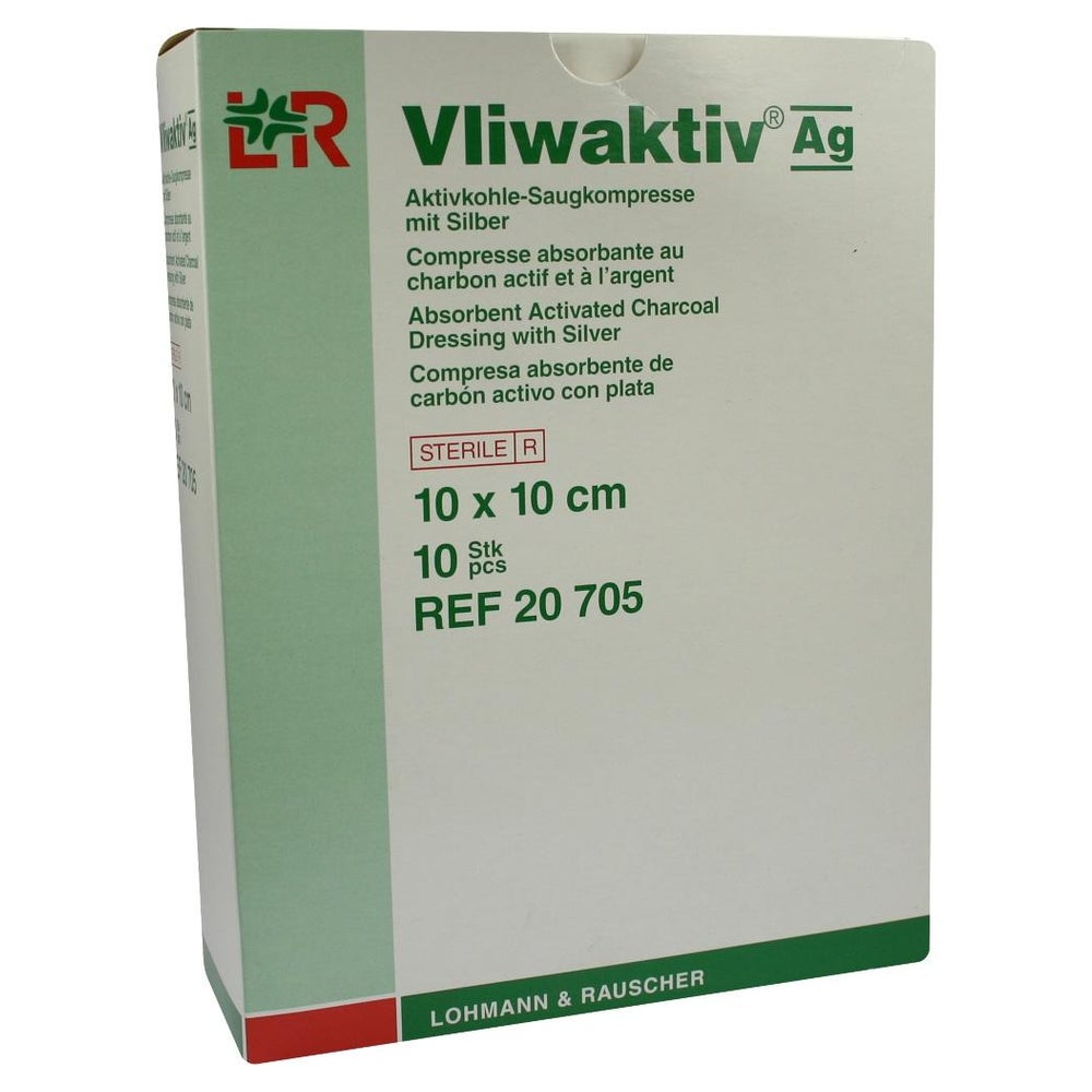 Lohmann & Rauscher Vliwaktiv Ag Aktivkohle Saugkompresse silber 10 Stück steril 10 x 10 cm 10 St