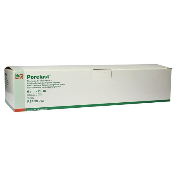 Lohmann & Rauscher Porelast Pflasterbinde, cremefarben, elastisch und atmungsaktiv - 1 Packung = 10 Stück, lose im Karton, Maße: 6 cm x 2,5 m 10 St