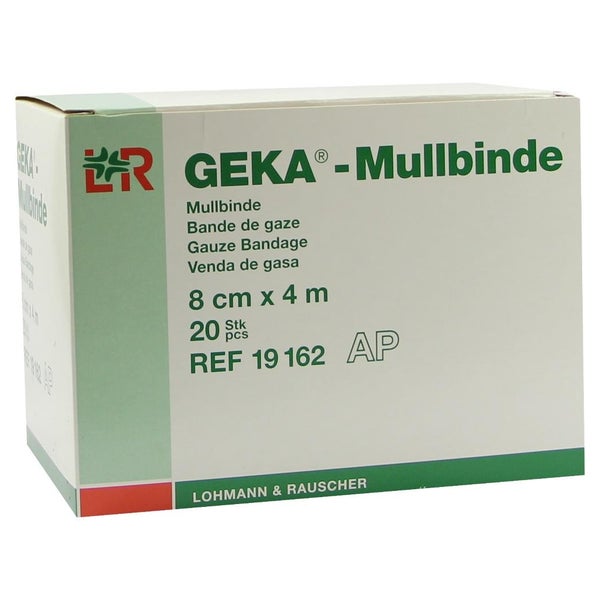 Lohmann & Rauscher Geka Mullbinde, starr, 20-fädig, weiß - 1 Packung = 20 Stück, lose im Karton, Maße: 8 cm x 4 m 20 St