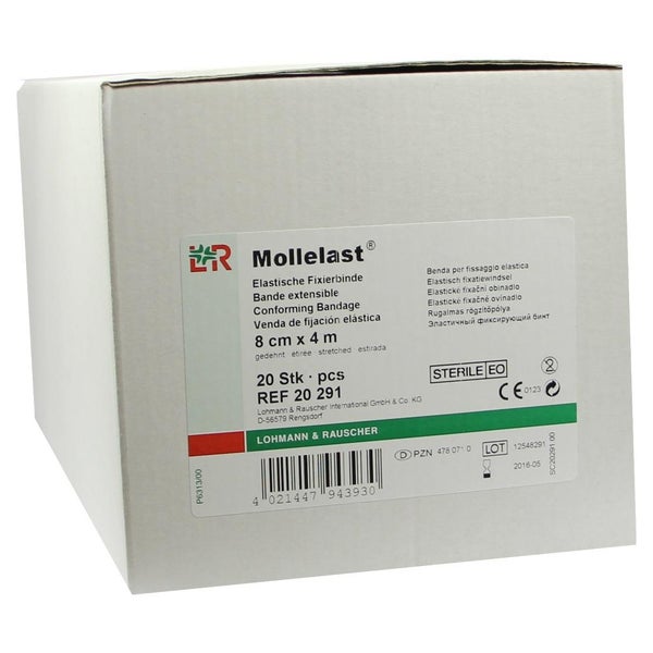 Lohmann & Rauscher Mollelast Fixierbinde, elastisch, weiß, steril - 1 Packung = 20 Stück, einzeln eingesiegelt, Maße: 8 cm x 4 m 20 St