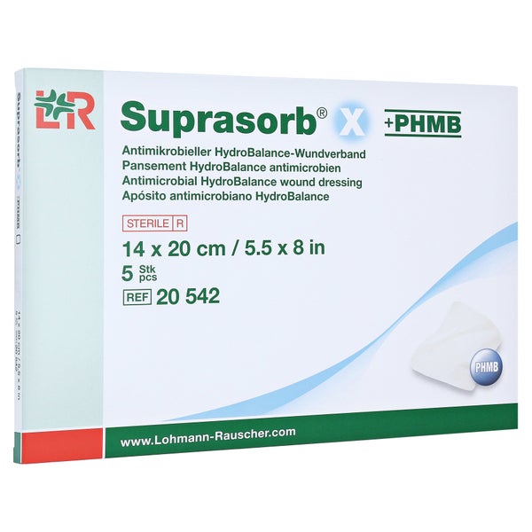 Lohmann & Rauscher Suprasorb X + PHMB HydroBalance Wundverband, steril, antimikrobiell - 1 Packung = 5 Kompressen, Maße: 14 x 20 cm 5 St