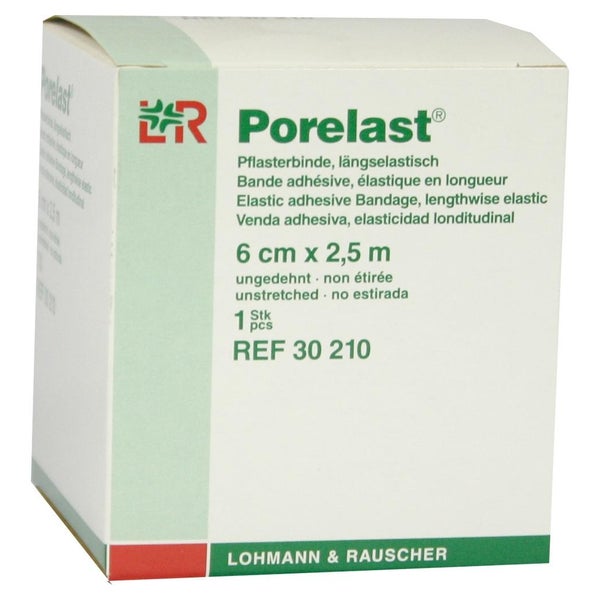Lohmann & Rauscher Porelast Pflasterbinde, cremefarben, elastisch und atmungsaktiv - 1 Stück, einzeln in Faltschachtel, Maße: 6 cm x 2,5 m 1 St