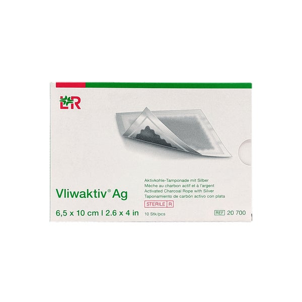 Lohmann & Rauscher Vliwaktiv Ag Aktivkohle-Wundtamponade, steril, silberhaltig - 1 Packung = 10 Stück, Maße: 6,5 x 10 cm 10 St