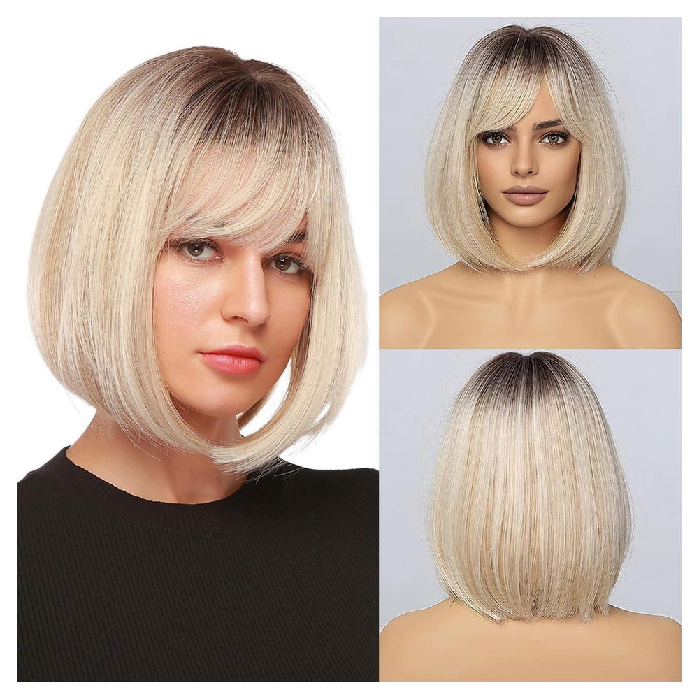 Perücke Kurzer Bob Pony Damen Synthetikfaser Ombre platin bl 1 St