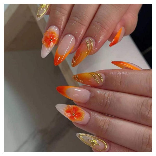 Künstliche Fingernägel Kurz French 3D Gold Blumen Orange Y2k 1 St
