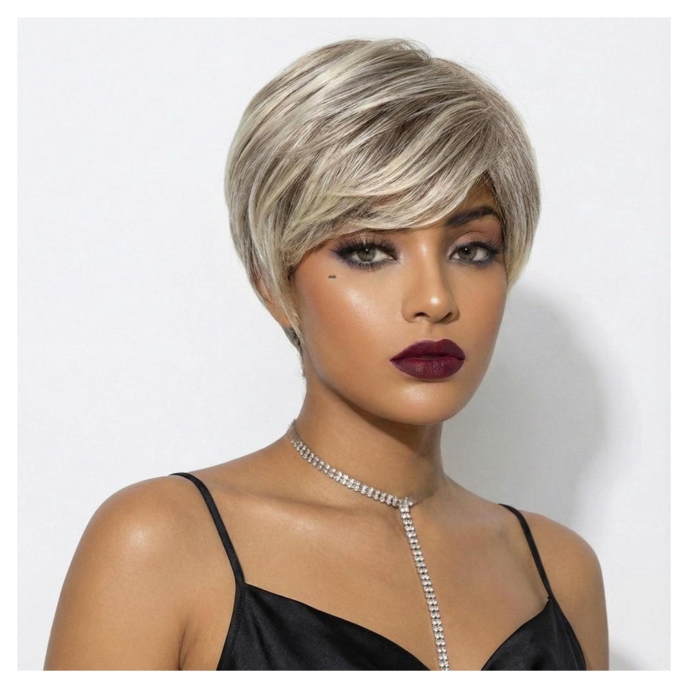 Perücken kurz Pixie Schnitt Pony Damen Synthetik Hell Gold 1 St