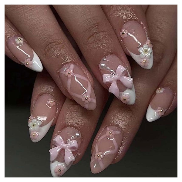 Künstlicher Nagel 24er Mandelform Strass 3D Blüte rosa mitte 1 St