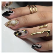 Künstliche Fingernägel Kurz Almond Schwarz French 3D Strass 1 St