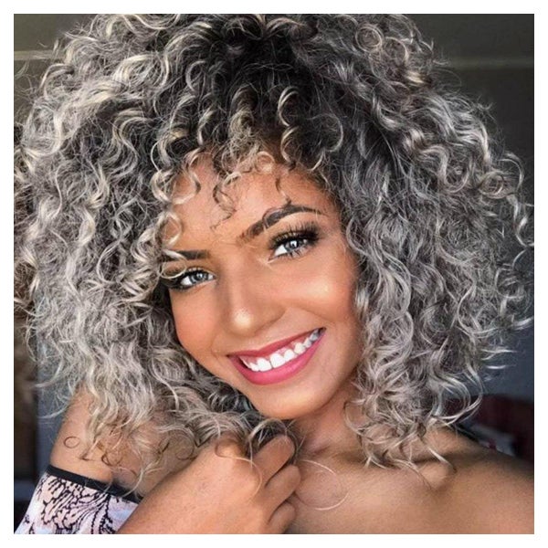 Perücke Damen Afro lockig Pony Kunstfaser 14 Zoll Schwarz zu 1 St