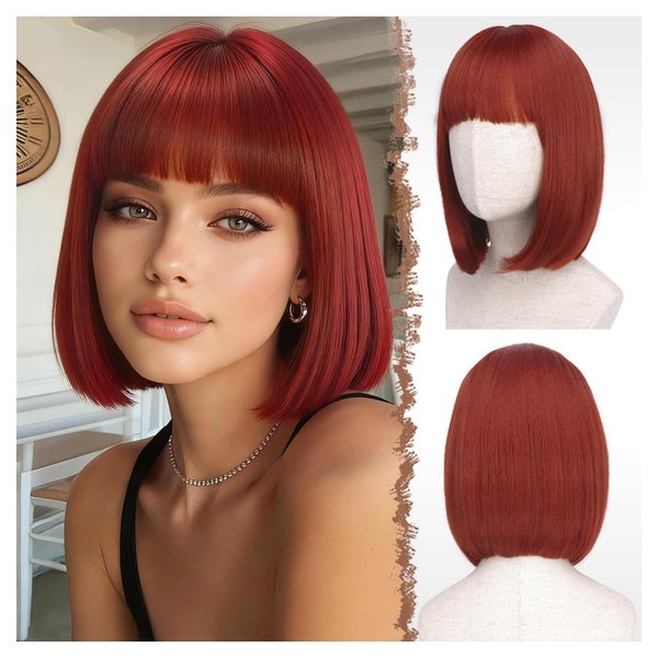 FESHFEN Kupferrot Bob Perücke mit Pony, 30 cm Gerade Synthetik, für Party &