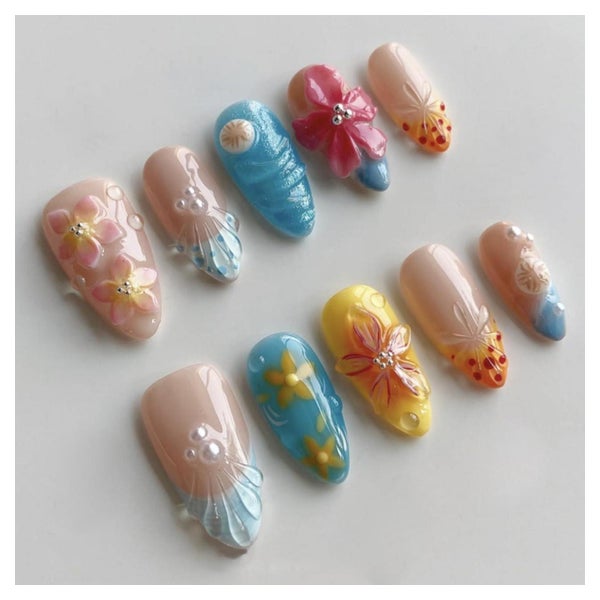 Kunstnägel Kurz Almond Blau French 3D Blumen Glitzer Pearl F 1 St