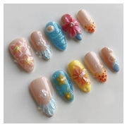 Kunstnägel Kurz Almond Blau French 3D Blumen Glitzer Pearl F 1 St
