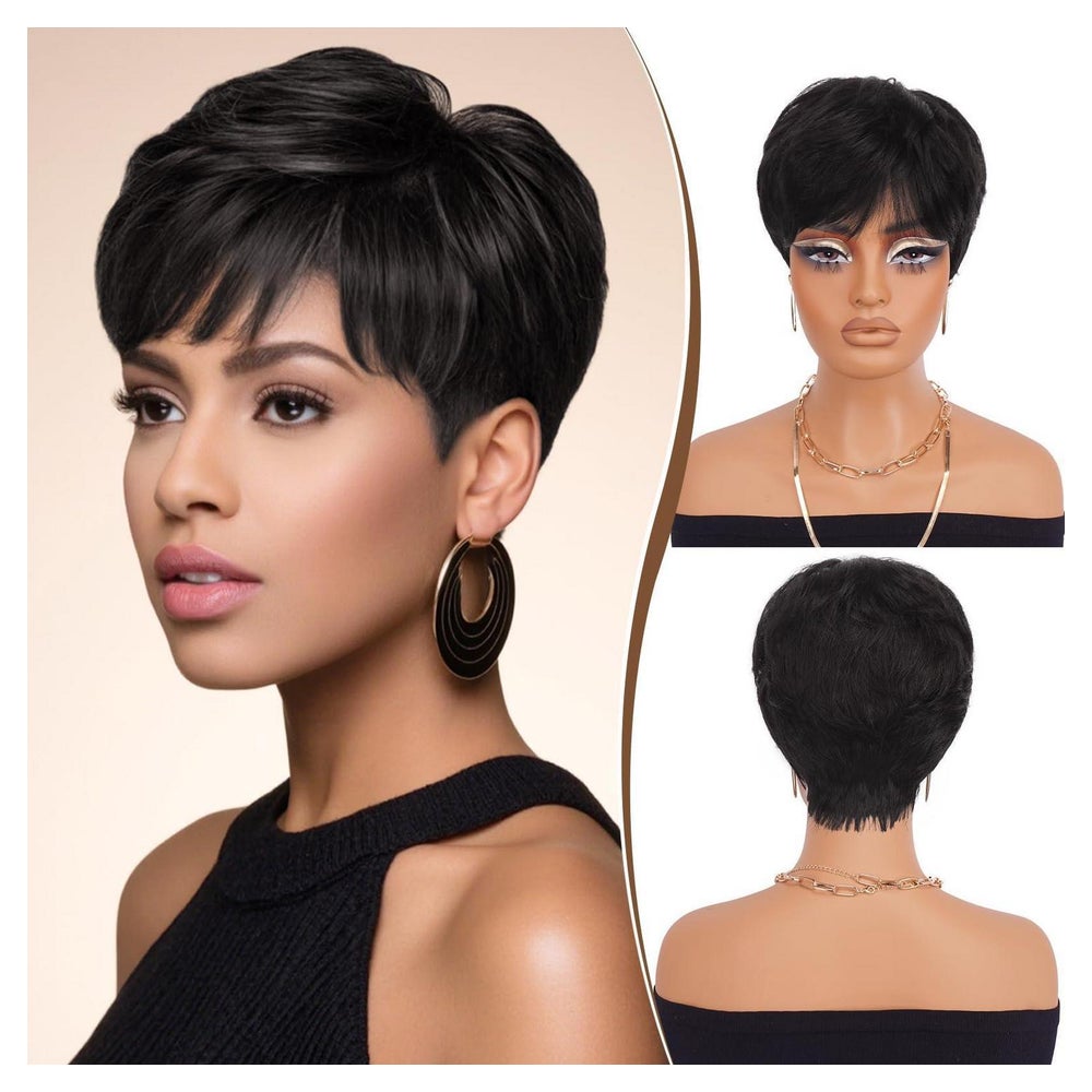 Perücke Pixie Cut Echthaar Gewellt Schwarze Frauen 244 1B 1 St