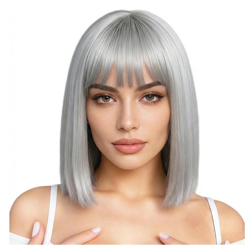 Perücke Bob Synthetik kurze glatte Pony silber 13 straight e 1 St