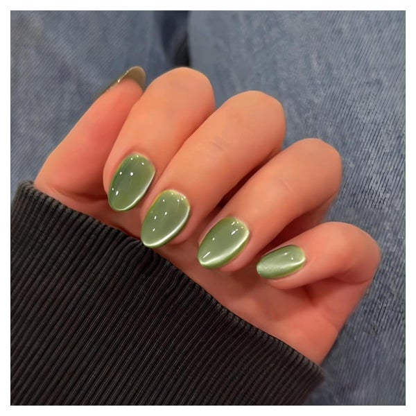 Press On Nails Soft Gel Kurz Oval Cat Eye Mandel Chrome Glas 1 St