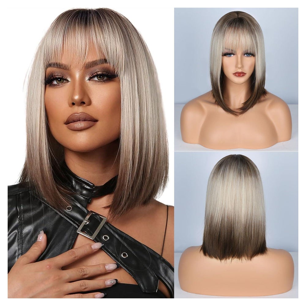 Perücke Ombre Blond Braun Bob Pony Schulterlang Grey Gradien 1 St