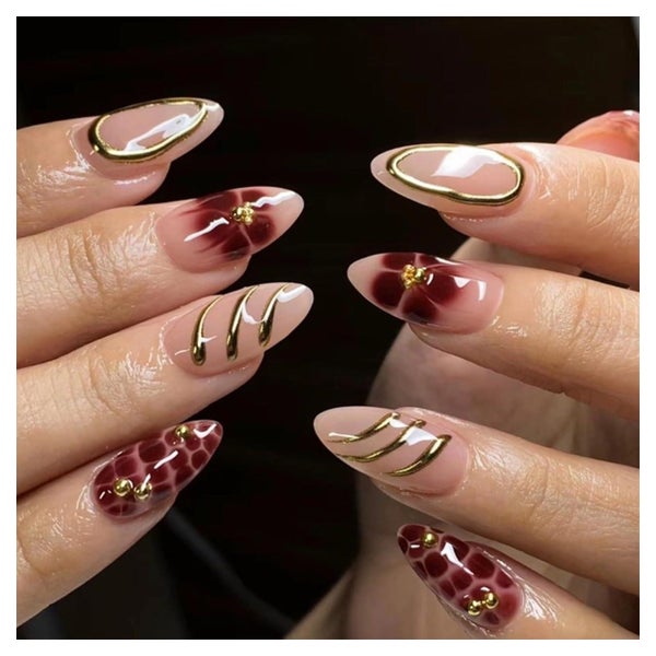 Press On Nägel 24 Stück Mittel Almond Braun 3D Gold Blume De 1 St
