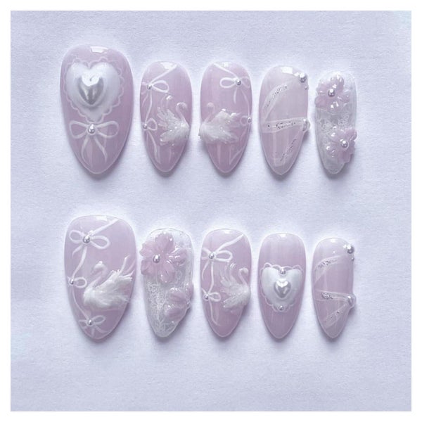 Press On Nails Kurz Lila 3D Schwan Herz Pearl AKD40 1 St