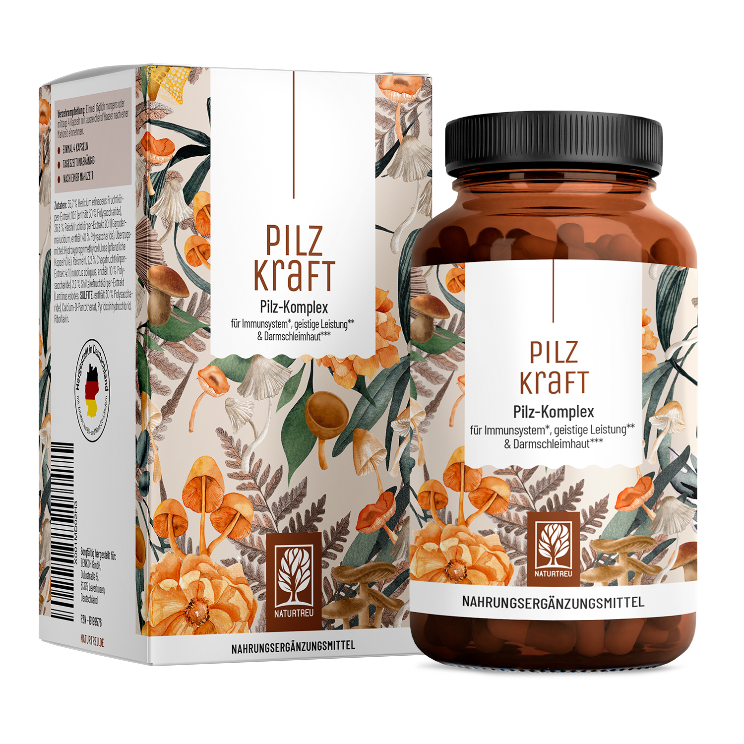 Pilz Komplex mit Chaga, Reishi, Shiitake, Hericium & B Vitaminen - PILZKRAFT - 120 vegane Kapseln - NATURTREU® 120 St