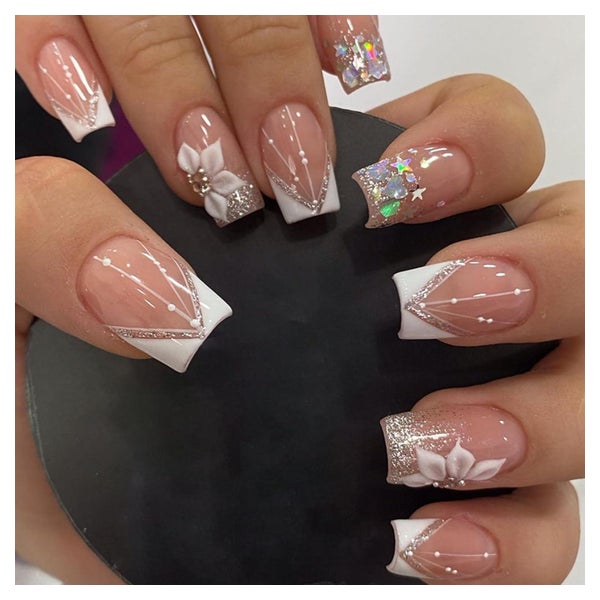 Künstliche Nägel PressOn French Square Glitzer Acryl Rosa 3D 1 St