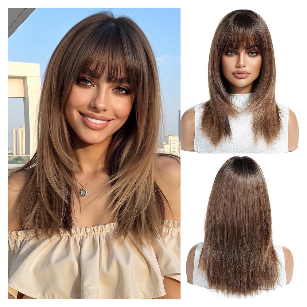 Perücke Ombre Braun Synthetik Mittellang Pony Ombre braun(90 1 St